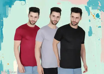 Polyester Solid Round Neck Men's T-Shirts - Pack of 3 (Assorted Colors)