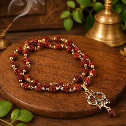 Rudraksha Bead Necklace with Trishul Pendant