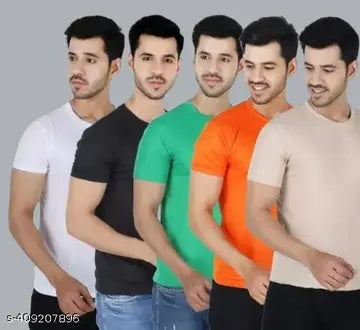 Cotton Solid Men's T-Shirts - Pack of 5 (Assorted Colors)