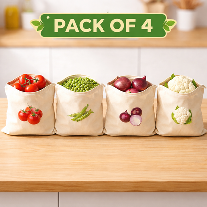 Reusable Cotton Vegetable Storage Bags for Fridge - Pack of 4