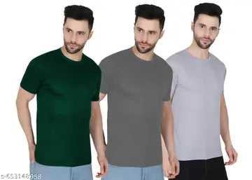 Polyester Solid Round Neck Men's T-Shirts - Pack of 3 (Assorted Colors)