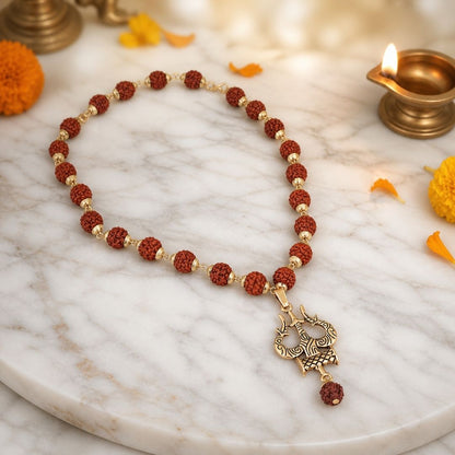 Rudraksha Bead Necklace with Trishul Pendant
