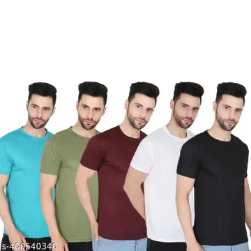 Solid Round Neck Men's T-Shirts - Pack of 5 (Assorted Colors)