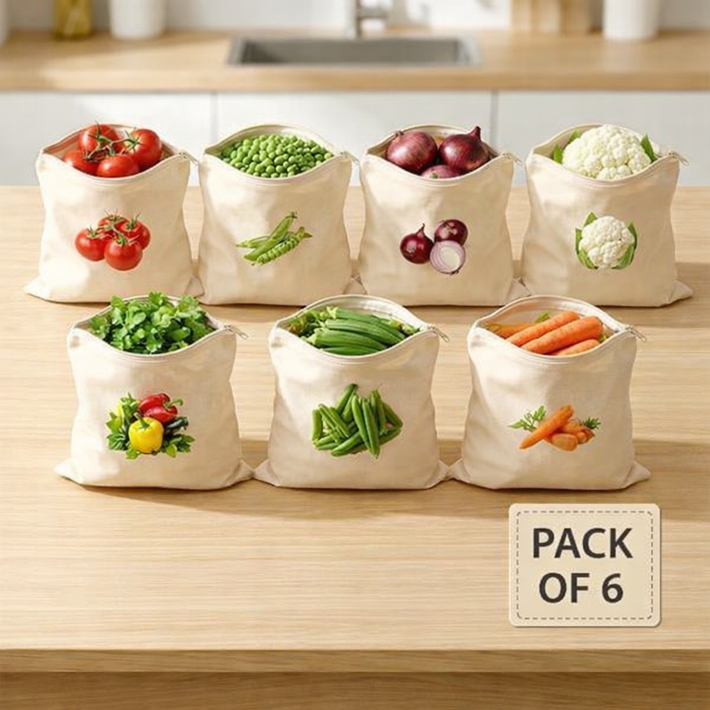 Reusable Cotton Vegetable Storage Bags for Fridge - Pack of 6