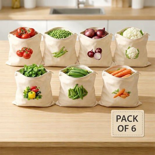 Reusable Cotton Vegetable Storage Bags for Fridge - Pack of 6