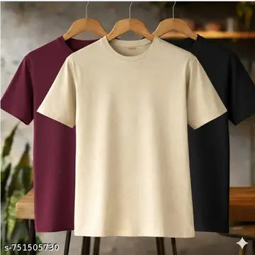 Cotton Solid Round Neck Men's T-Shirts - Pack of 3 (Assorted Colors)
