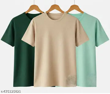 Cotton Solid Round Neck Men's T-Shirts - Pack of 3 (Assorted Colors)