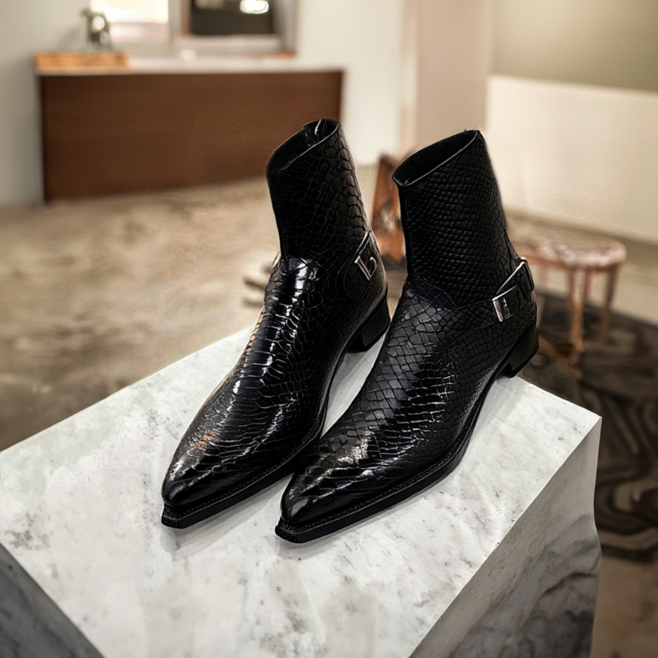 Black Croc/Python/Snake Animal Print Leather Alessia Slip On Zipper Pointed Boots for Men - ITALIAN AW26