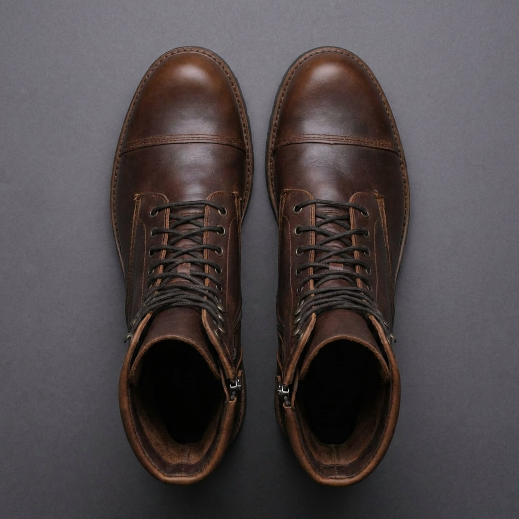 Dark Brown Leather Oriella Lace Up Chunky Derby Boots with Zipper and Track Sole - AW24 - Hiking and Trekking Boots