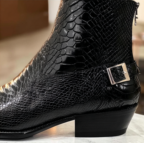 Black Croc/Python/Snake Animal Print Leather Alessia Slip On Zipper Pointed Boots for Men - ITALIAN AW26