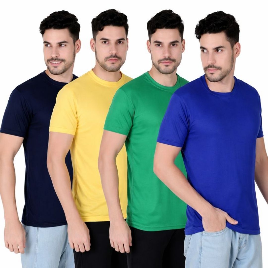 Polyester Round Neck Men's T-Shirts - Pack of 4 (Assorted Colors)