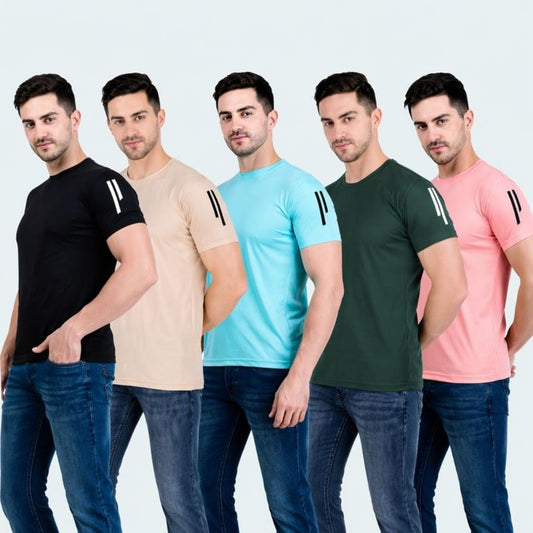Polyester Fashionable Round Neck Men's T-Shirts - Pack of 5 (Assorted Colors)