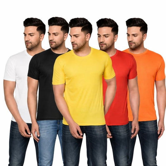 Polyester Solid Men's T-Shirts - Pack of 5 (Assorted Colors)