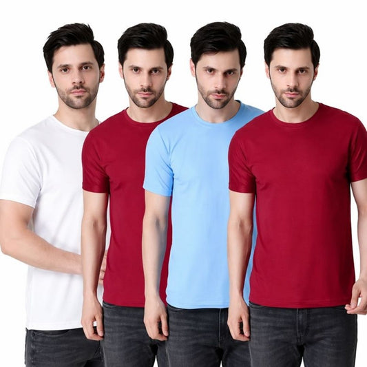 Cotton Blend Solid Men's T-Shirts - Pack of 4 (Assorted Colors)