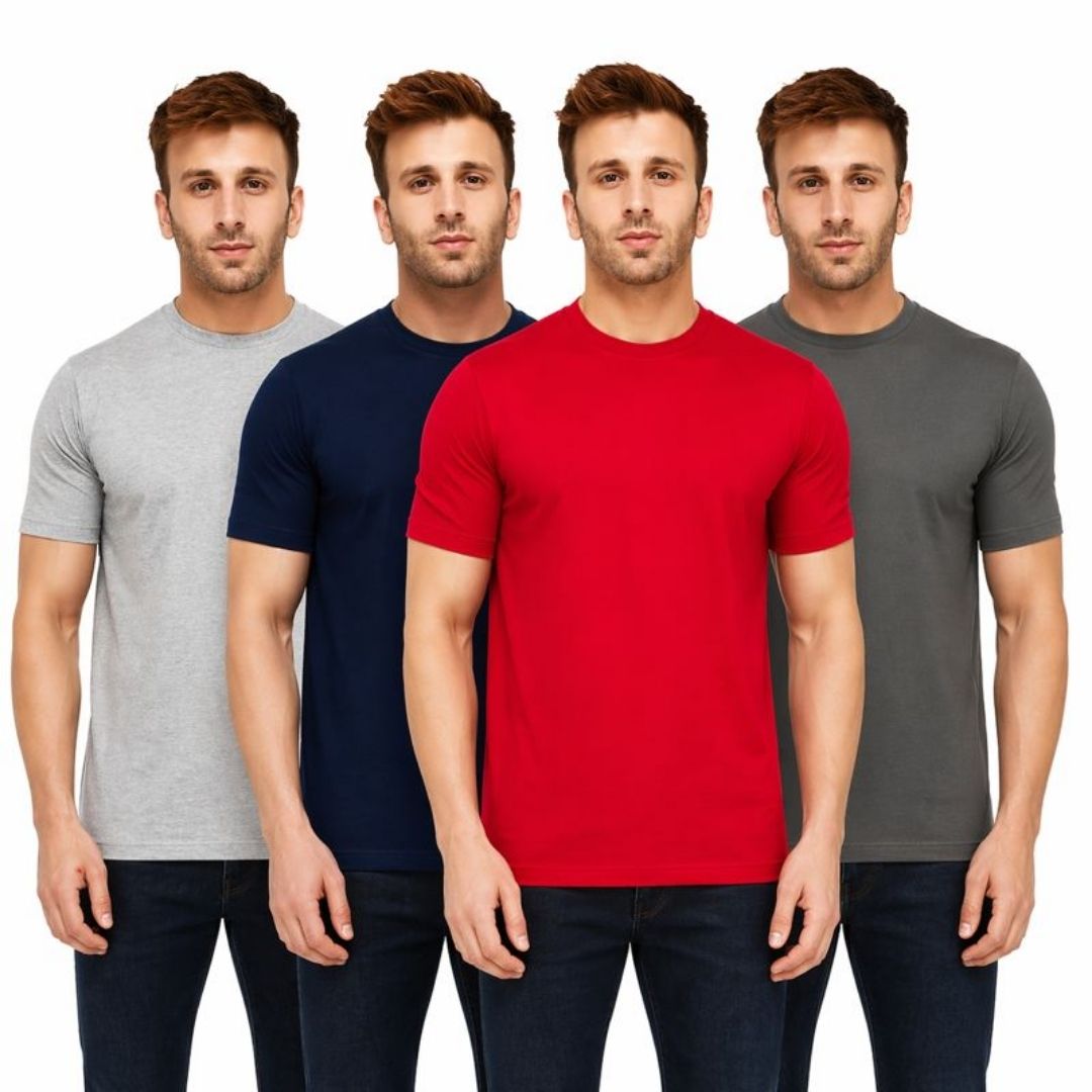 Solid Round Neck Men's T-Shirts - Pack of 4 (Assorted Colors)