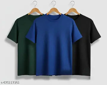 Cotton Solid Round Neck Men's T-Shirts - Pack of 3 (Assorted Colors)