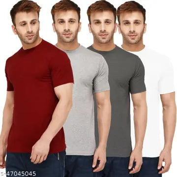 Solid Round Neck Men's T-Shirts - Pack of 4 (Assorted Colors)