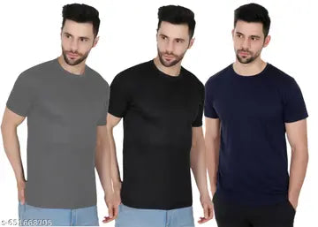 Polyester Solid Round Neck Men's T-Shirts - Pack of 3 (Assorted Colors)