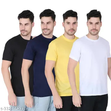 Polyester Designer Round Neck Men's T-Shirts - Pack of 4 (Assorted Colors)