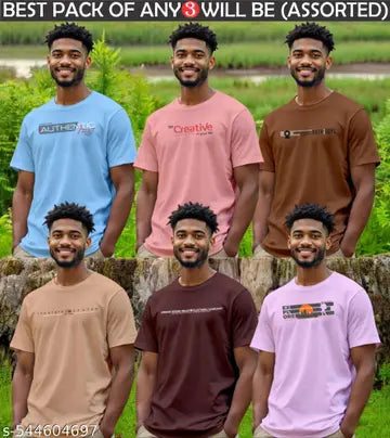 100% Cotton Stylish Round Neck Men's T-Shirts - Pack of 3 (Assorted Colors)