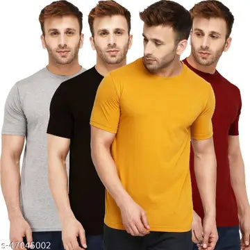Solid Round Neck Men's T-Shirts - Pack of 4 (Assorted Colors)