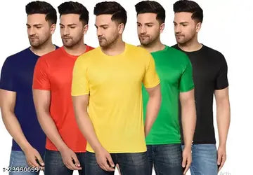 Polyester Round Neck Men's T-Shirts - Pack of 5 (Assorted Colors)