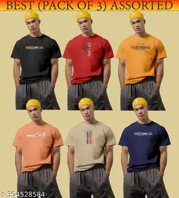 Cotton Blend Printed Men's T-Shirts - Pack of 3 (Assorted Colors)