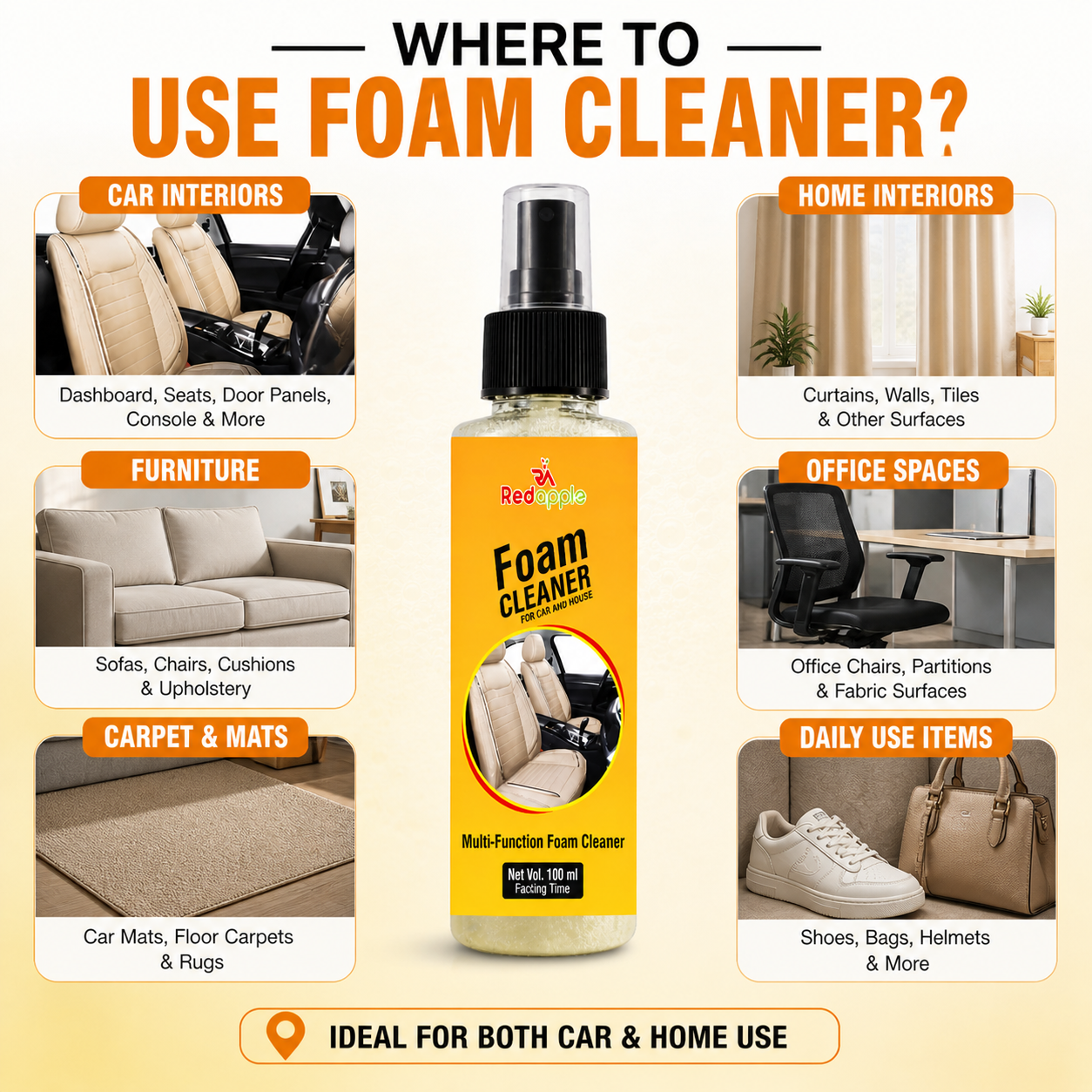 Multipurpose Car & Home Lemon Flavour Foam Cleaning Spray (Buy 1 Get 1 Free)