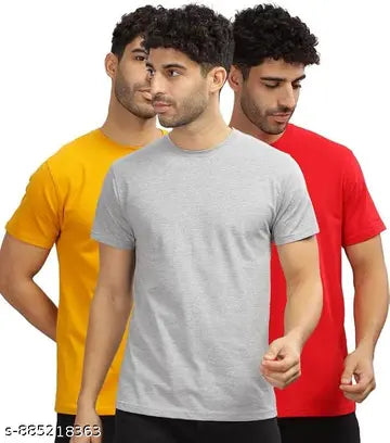 Cotton Blend Solid Round Neck Men's T-Shirts - Pack of 3 (Assorted Colors)