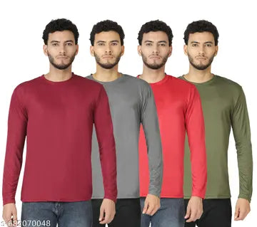 Polyester Solid Round Neck Men's T-Shirts - Pack of 4 (Assorted Colors)