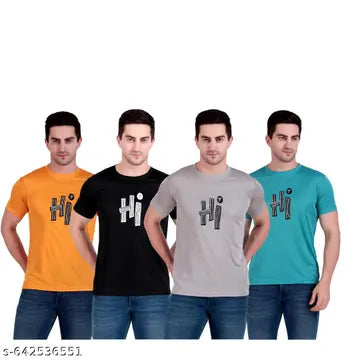 Polyester Printed Round Neck Men's T-Shirts - Pack of 4 (Assorted Colors)