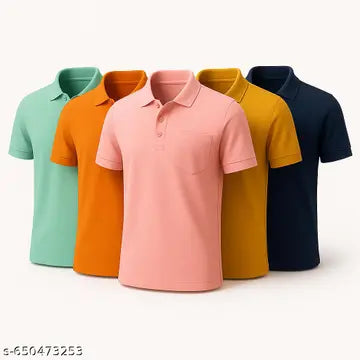 Polyester Men's Polo T-Shirts - Pack of 5 (Assorted Colors)