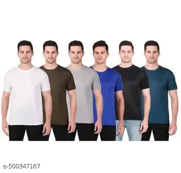 Polyester Round Neck Men's T-Shirts - Pack of 6 (Assorted Colors)