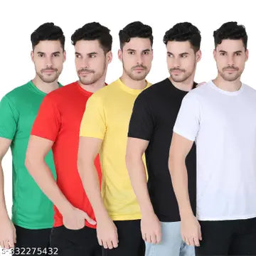 Polyester Round Neck Men's T-Shirts - Pack of 5 (Assorted Colors)