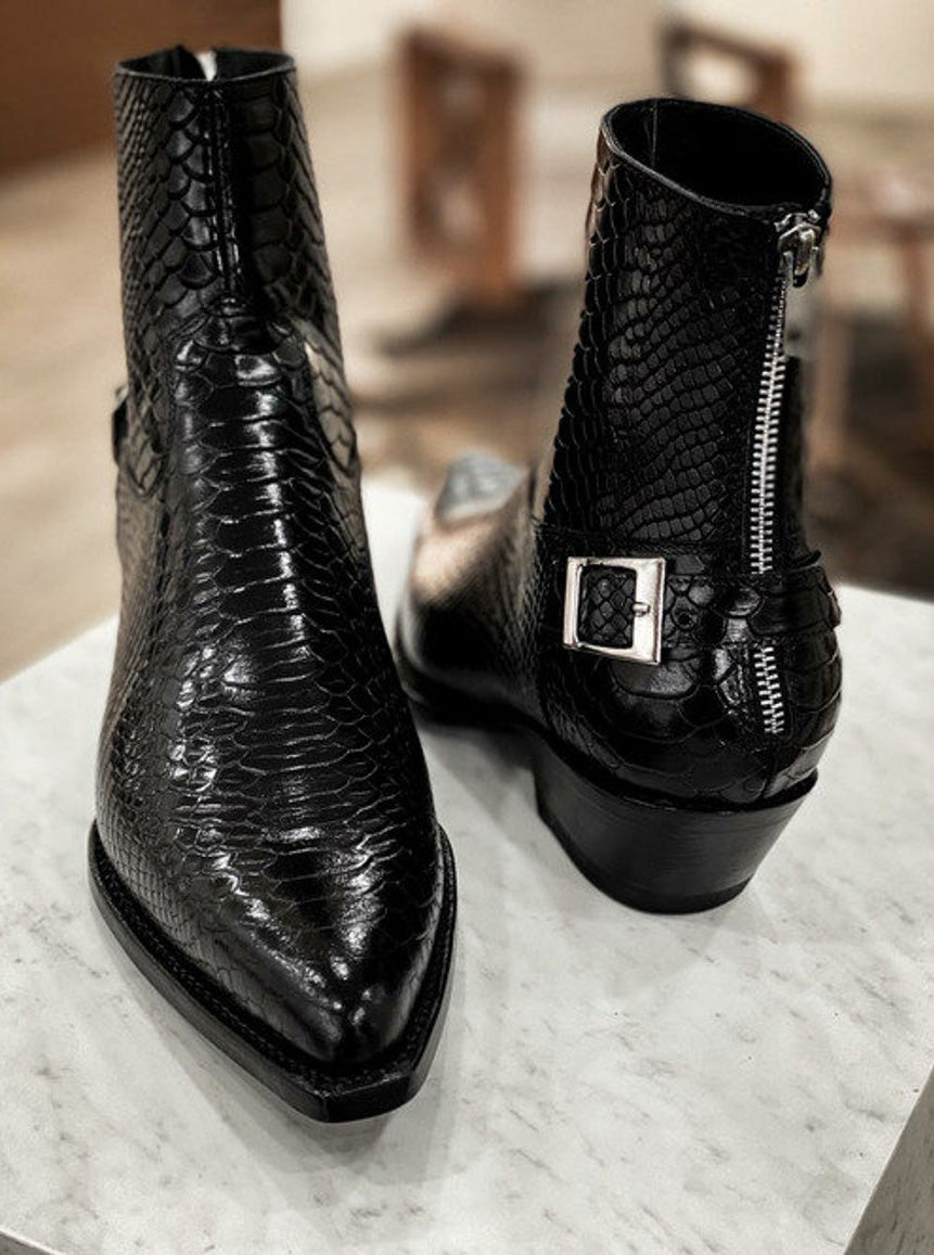 Black Croc/Python/Snake Animal Print Leather Alessia Slip On Zipper Pointed Boots for Men - ITALIAN AW26