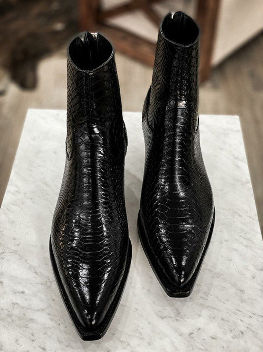 Black Croc/Python/Snake Animal Print Leather Alessia Slip On Zipper Pointed Boots for Men - ITALIAN AW26