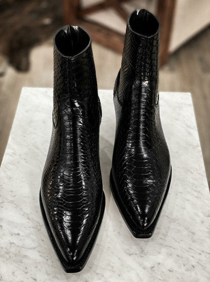 Black Croc/Python/Snake Animal Print Leather Alessia Slip On Zipper Pointed Boots for Men - ITALIAN AW26