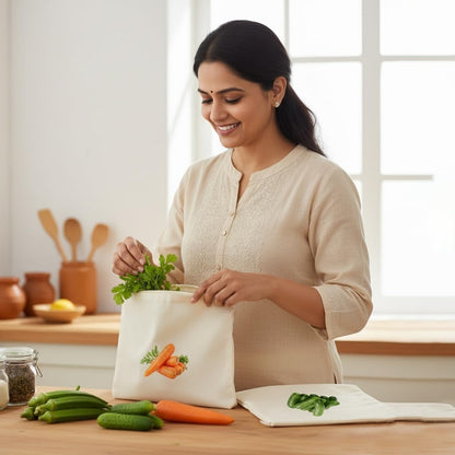 Reusable Cotton Vegetable Storage Bags for Fridge - Pack of 6