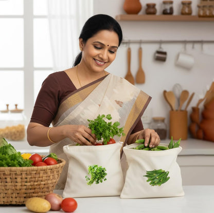 Reusable Cotton Vegetable Storage Bags for Fridge - Pack of 4