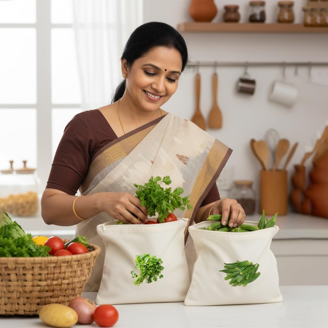 Reusable Cotton Vegetable Storage Bags for Fridge - Pack of 6