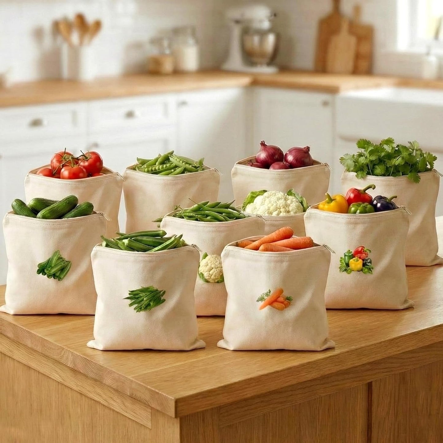 Reusable Cotton Vegetable Storage Bags for Fridge - Pack of 4