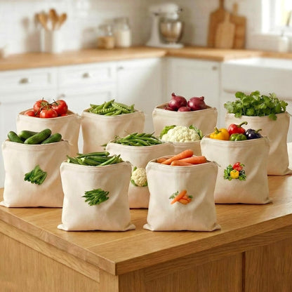 Reusable Cotton Vegetable Storage Bags for Fridge - Pack of 4
