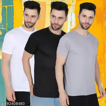 Polyester Solid Round Neck Men's T-Shirts - Pack of 3 (Assorted Colors)
