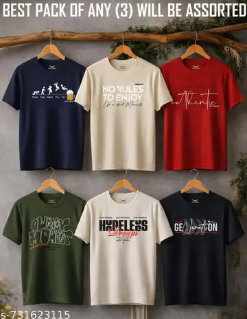 100% Cotton Stylish Round Neck Men's T-Shirts - Pack of 3 (Assorted Colors)
