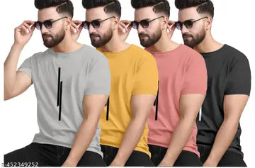 Polyester Solid Round Neck Men's T-Shirts - Pack of 4 (Assorted Colors)