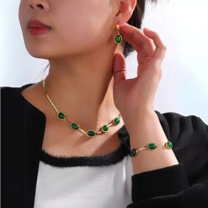 Oval Green Crystal Necklace Set With Bracelet