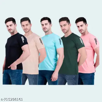 Polyester Fashionable Round Neck Men's T-Shirts - Pack of 5 (Assorted Color)