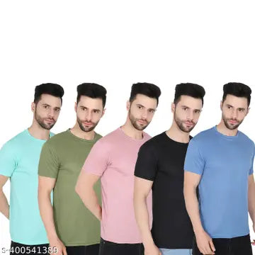 Solid Round Neck Men's T-Shirts - Pack of 5 (Assorted Colors)