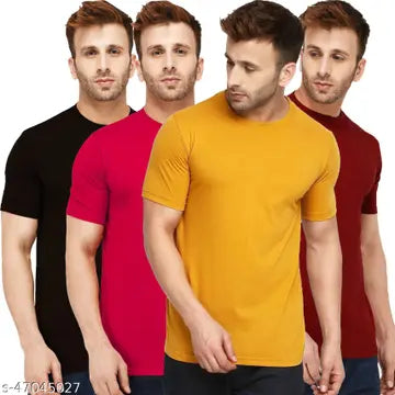 Solid Round Neck Men's T-Shirts - Pack of 4 (Assorted Colors)
