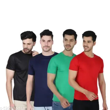 Polyester Solid Round Neck Men's T-Shirts - Pack of 4 (Assorted Colors)